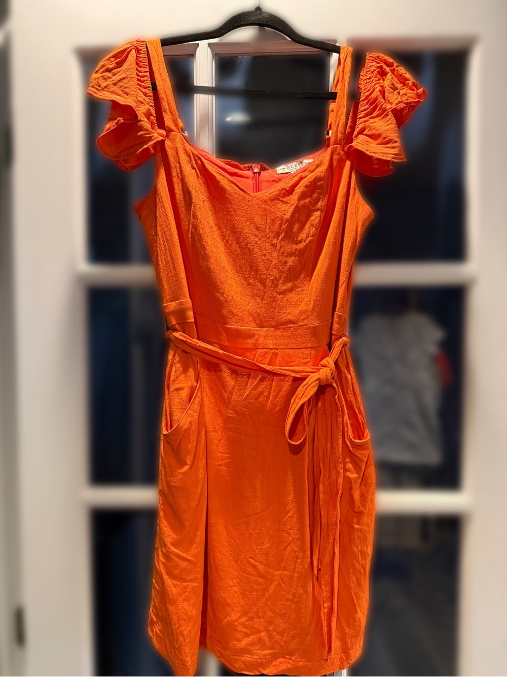 Bright Orange Tie-Waist GUESS Mini Dress with pockets